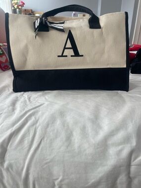 Monogram Canvas Tote Bag with Black Trim - Initial A